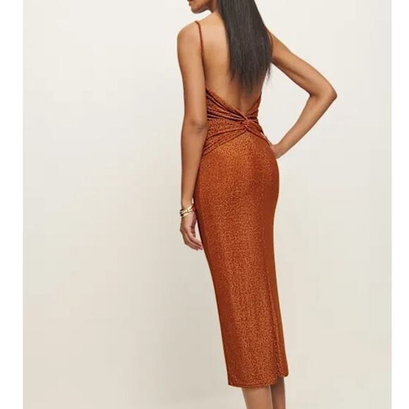 Reformation NWOT Breslin Brown Gold Sparkle Square Neck Knot Back Slip Dress XS - Picture 7 of 12